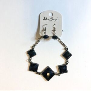 Black Faux Gem Silver Tone Bracelet Drop Earring Set NWT